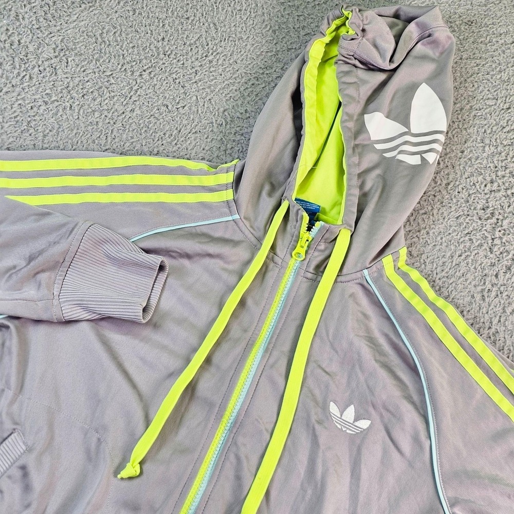Adidas Track Jacket Womens Large Gray Hooded Full Zip Neon 3-Stripes Z83125
